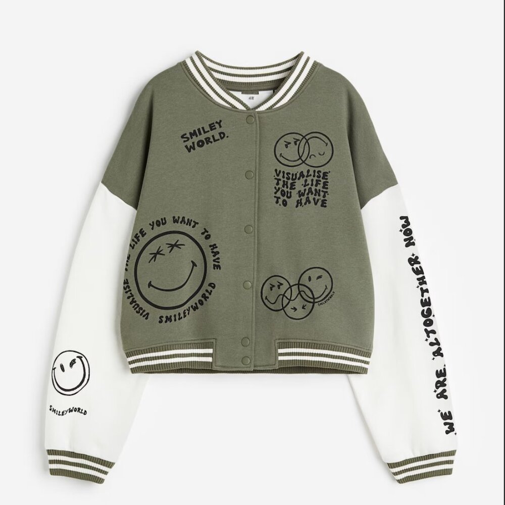 H&M SmileyWorld Varsity Baseball Jacket Kids 12/14 Olive Green